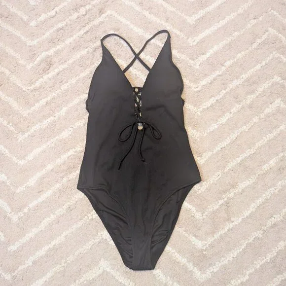 Women's Solid Color V Neck Lace Up One Piece Swimsuit Size M - Picture 3 of 7